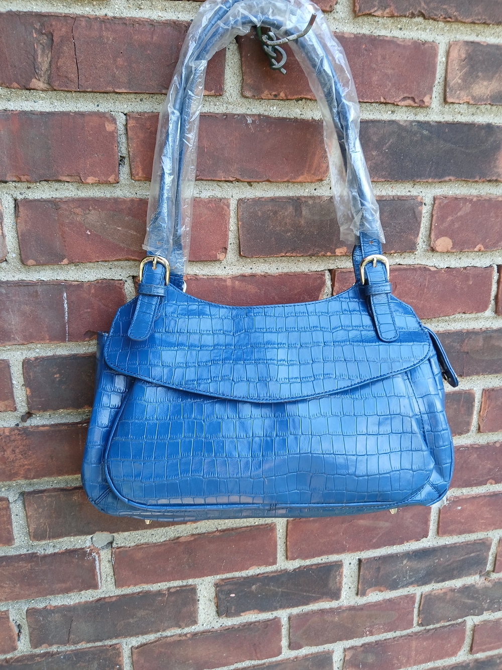 Maxx New York Blue Leather Croc-Embossed Shoulder Bag
